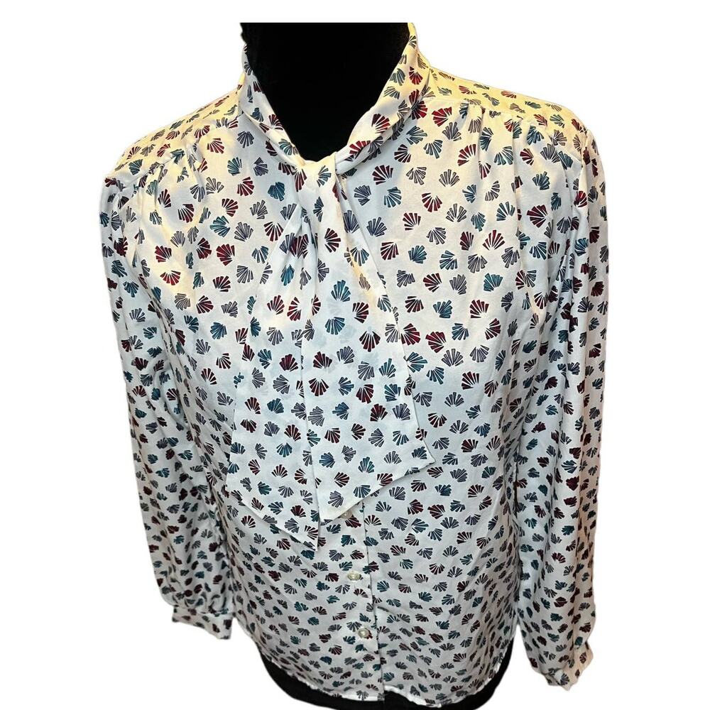 Vintage White Blue Cape Cod Geometric Secretary Fan Blouse Bow Med Large Preppy